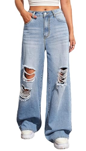 Celine Denim Pants - BestGirl Women's Baggy Jeans Pull On Stretchy Loose High Waisted Wide Leg Denim Pants N Light Blue