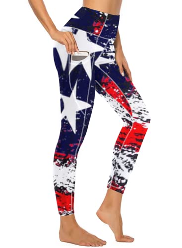 American Flag Pants - QIVICIMA Womens High Waist Workout Leggings Halloween Christmas Gym Plaid Printed Tummy Control Yoga Pants with Pockets 1 A11 Star