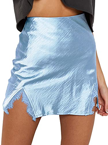 Cream Satin Skirt Outfit - LYANER Womens Satin Lace Trim Split Slit Hem Zipper High Wasit Mini Short Skirt Sky Blue
