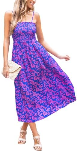 Sundresses - CUPSHE Women's Maxi Dress Ditsy Floral Smocked Summer Sundress Sleeveless Ruffled Spaghetti Straps Long Beach Formal Dress Blue Paisley