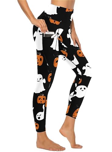 American Flag Pants - QIVICIMA Womens High Waist Workout Leggings Halloween Christmas Gym Plaid Printed Tummy Control Yoga Pants with Pockets Black Ghost