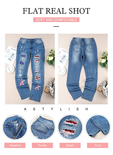 American Flag Pants - Astylish Womens Plaid Patch Ripped Boyfriend Distressed Stretch Skinny Denim Jeans with Hole