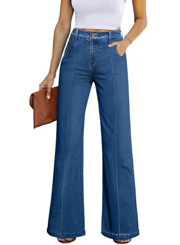 Celine Jeans - Womens Wide Leg Jeans Casual Baggy High Waisted Stretch Denim Pants Blue