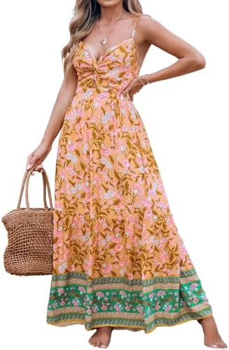 Sundresses - CUPSHE Women's Maxi Dress Floral Print Twisted V Neck Sleeveless Long Dress Summer Casual Dress Orange Floral