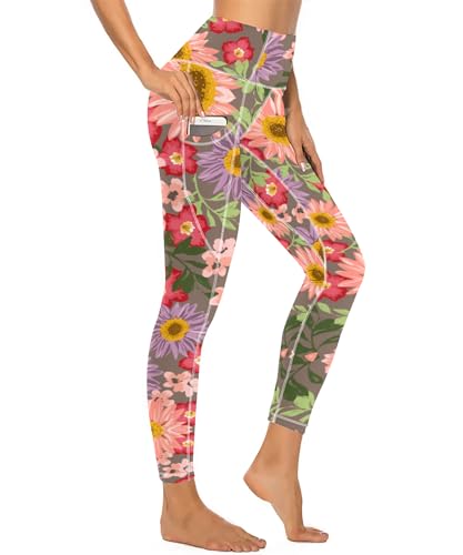 American Flag Pants - QIVICIMA Womens High Waist Workout Leggings Halloween Christmas Gym Plaid Printed Tummy Control Yoga Pants with Pockets Colored Daisy