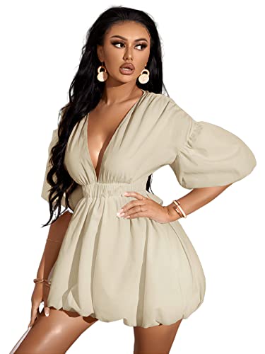 Sabrina Carpenter Yellow Dress - Women's Deep V Neck Puff Sleeve High Rise Flare Dress Elastic Waist Dress Apricot