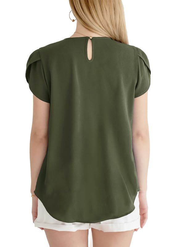 Polyester Blouses - Women's Chiffon Blouse Short Sleeve Pleated Top with Keyhole Back Detail