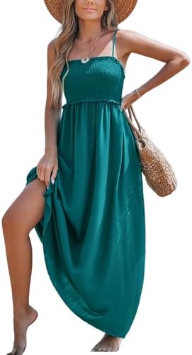 Sundresses - CUPSHE Women's Maxi Dress Ditsy Floral Smocked Summer Sundress Sleeveless Ruffled Spaghetti Straps Long Beach Formal Dress Green