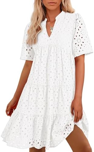 Easter Dress Women - BTFBM Womens Boho Summer Dresses 2025 Resort V Neck Short Sleeve Hollow Out Lace Ruffle Casual Beach Mini Vacation Dress White X-Large