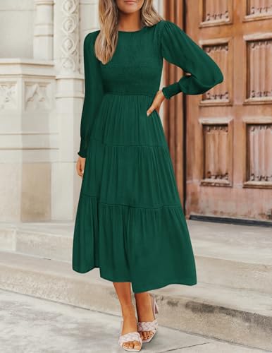 Christmas Green Dress - ZESICA Womens 2024 Casual Long Sleeve Crew Neck High Waist Smocked Flowy Tiered Midi Dress