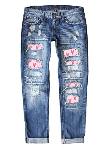 American Flag Pants - Astylish Womens Plaid Patch Ripped Boyfriend Distressed Stretch Skinny Denim Jeans with Hole G06 Blue