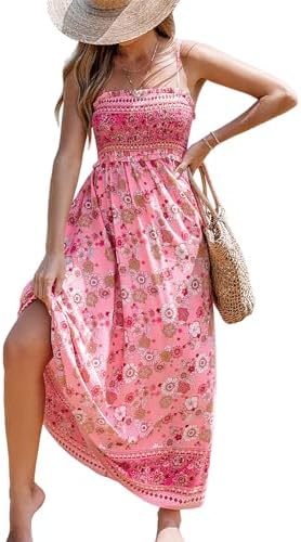 Sundresses - CUPSHE Women's Maxi Dress Ditsy Floral Smocked Summer Sundress Sleeveless Ruffled Spaghetti Straps Long Beach Formal Dress Pink Floral