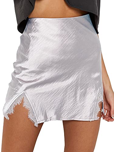 Cream Satin Skirt Outfit - LYANER Womens Satin Lace Trim Split Slit Hem Zipper High Wasit Mini Short Skirt White