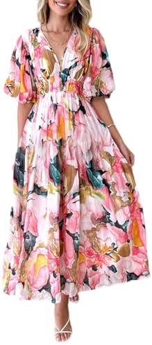 Easter Dress Women - Sissyaki Women's Boho Floral Midi Dress Smocked Beach Flowy Dress 1#multi Pink Print