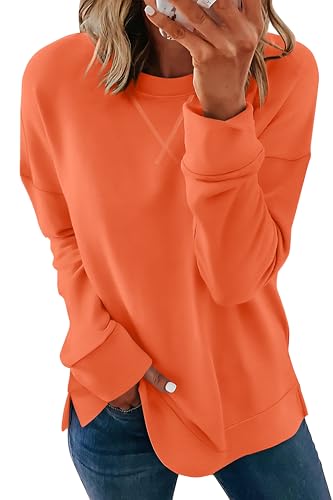 Womens Casual Loose Fit Sweatshirt Trendy Tops Crewneck Side Split Long Sleeve Shirts Pumpkin