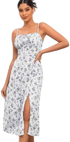 Sundresses - Floerns Women's Summer Split Thigh Spaghetti Strap Cami Midi Floral Dress White Purple