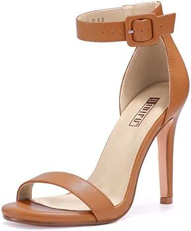 Women's Dressy Stiletto Heeled Sandals – Open Toe Ankle Strap Heels for Wedding, Party, or Homecoming Nude Pu