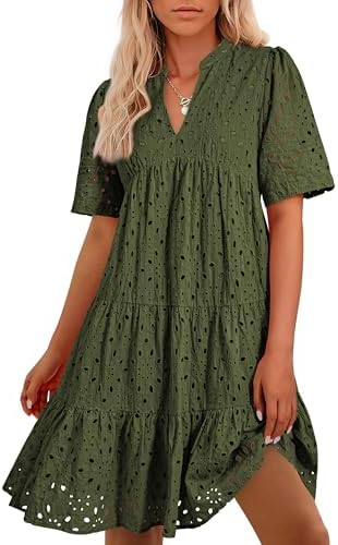 Easter Dress Women - BTFBM Womens Boho Summer Dresses 2025 Resort V Neck Short Sleeve Hollow Out Lace Ruffle Casual Beach Mini Vacation Dress Army Green