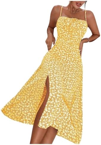 Sundresses - Floerns Women's Summer Split Thigh Spaghetti Strap Cami Midi Floral Dress Yellow and White