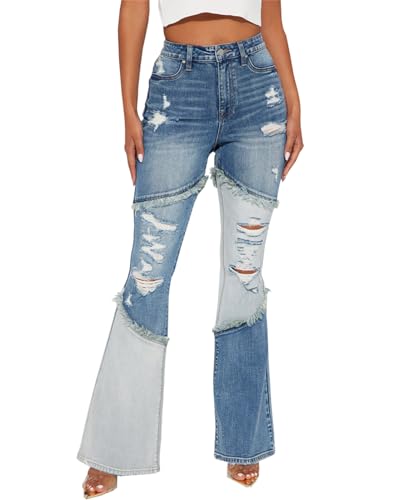 Mom Jeans - SheKiss Boyfriend Stretchy Jeans for Women Distressed Frayed High Waisted Trendy Denim Blue Jeans Blue711
