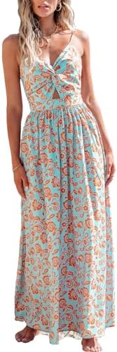 Sundresses - CUPSHE Women's Maxi Dress Floral Print Twisted V Neck Sleeveless Long Dress Summer Casual Dress Light Blue
