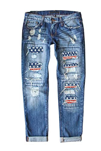 American Flag Pants - Astylish Womens Plaid Patch Ripped Boyfriend Distressed Stretch Skinny Denim Jeans with Hole G12 Blue