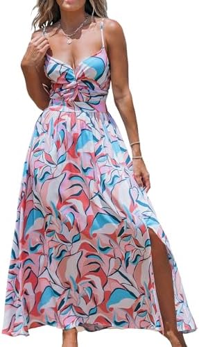 Sundresses - CUPSHE Women's Maxi Dress Floral Print Twisted V Neck Sleeveless Long Dress Summer Casual Dress Pink Printed