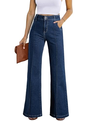 Celine Jeans - Womens Wide Leg Jeans Casual Baggy High Waisted Stretch Denim Pants Deep Blue