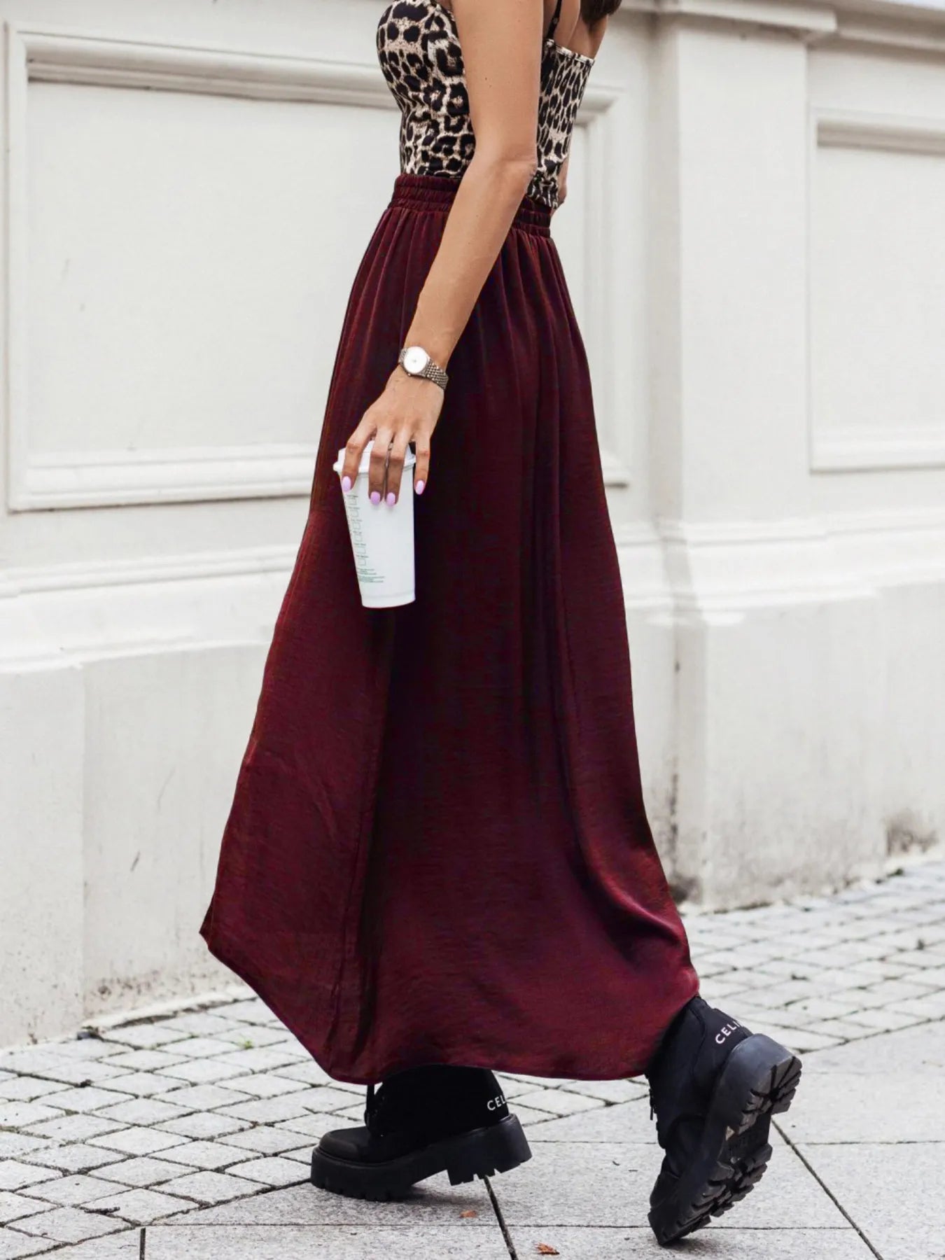 Elastic Waistband High-Slit Maxi Skirt