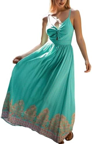Sundresses - CUPSHE Women's Maxi Dress Floral Print Twisted V Neck Sleeveless Long Dress Summer Casual Dress Aqua Blue