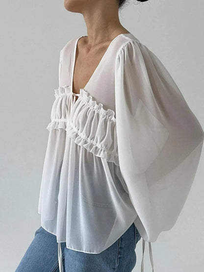Ruffled Tie Front Long Sleeve Blouse