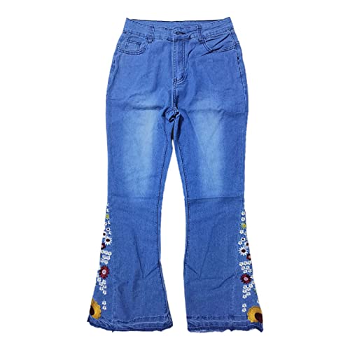 Rfm Jeans - Womens Floral Embroidered Flare Bell Bottom Jeans Stretch Western Bootcut Jeans Long Denim Pants