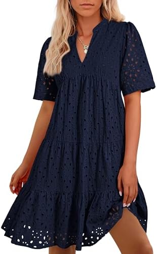 Easter Dress Women - BTFBM Womens Boho Summer Dresses 2025 Resort V Neck Short Sleeve Hollow Out Lace Ruffle Casual Beach Mini Vacation Dress Navy