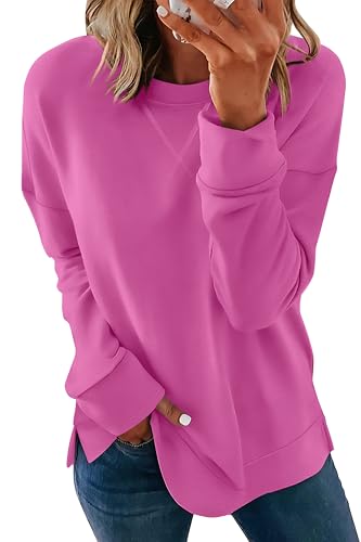 Womens Casual Loose Fit Sweatshirt Trendy Tops Crewneck Side Split Long Sleeve Shirts Hot Pink