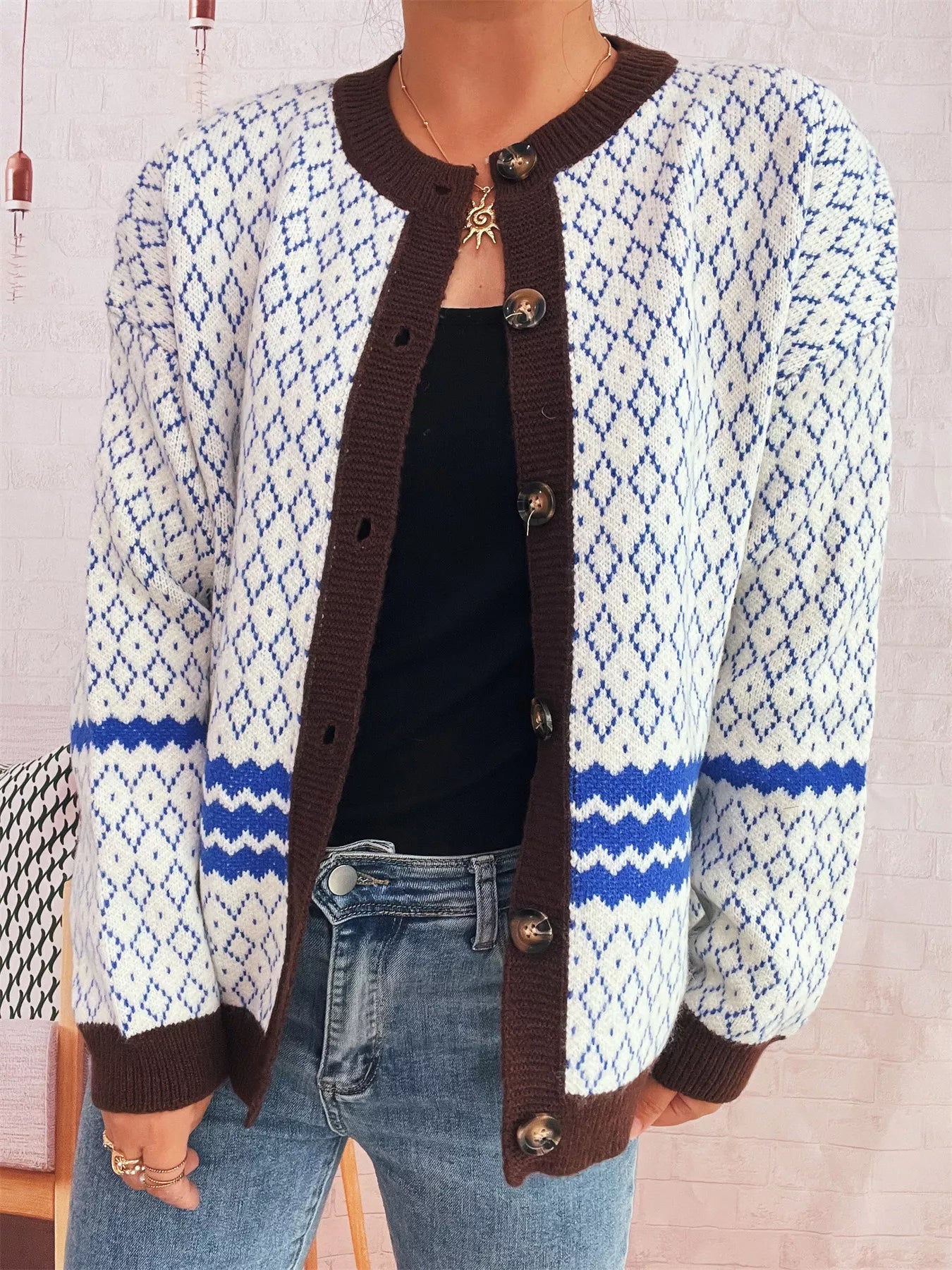 Geometric Pattern Button Up Cardigan Blue One Size