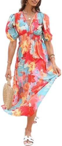 Easter Dress Women - Sissyaki Women's Boho Floral Midi Dress Smocked Beach Flowy Dress 1#multi Orange Print