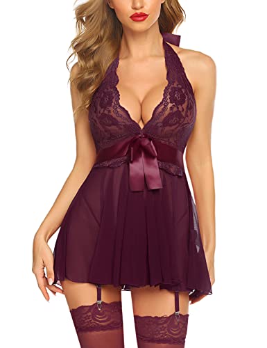 Christmas Costume - Avidlove Lingerie for Women Lace Babydoll Chemise Halter V Sexy Sleepwear with Garter Belt Deep Red