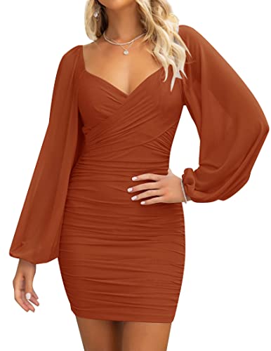 Christmas Party Dress - ZESICA Womens Sexy V Neck Ruched Bodycon Mini Dress Puff Long Sleeve Cocktail Wedding Party Short Dresses Caramel