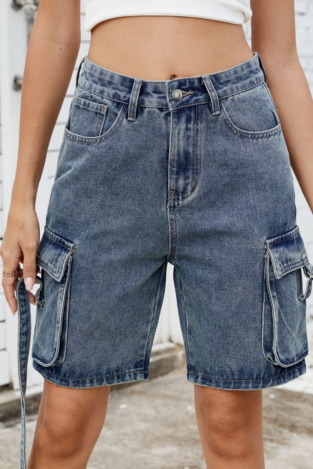 Washed Cargo Denim Shorts Medium