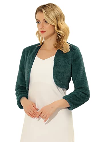 Hot Pink Fur Coat - Allegra K Womens Christmas Cropped Jacket Evening Open Front Bolero Faux Fur Shrug Dark Green