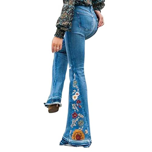 Rfm Jeans - Womens Floral Embroidered Flare Bell Bottom Jeans Stretch Western Bootcut Jeans Long Denim Pants Light Blue