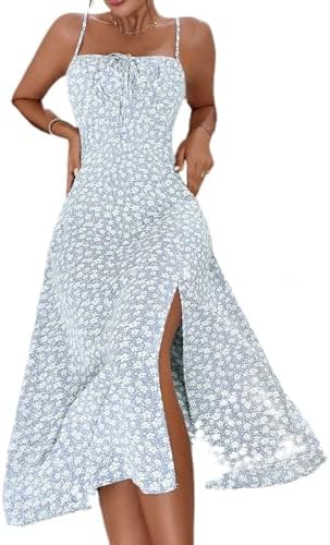 Sundresses - Floerns Women's Summer Split Thigh Spaghetti Strap Cami Midi Floral Dress Light Blue Floral