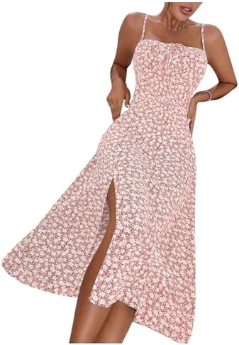Sundresses - Floerns Women's Summer Split Thigh Spaghetti Strap Cami Midi Floral Dress Brown and White
