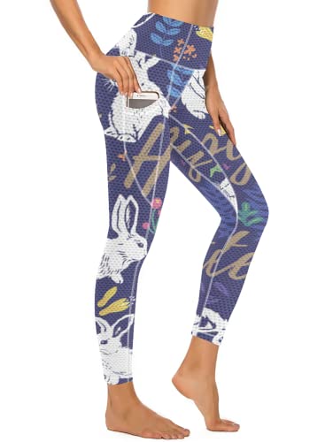 American Flag Pants - QIVICIMA Womens High Waist Workout Leggings Halloween Christmas Gym Plaid Printed Tummy Control Yoga Pants with Pockets A1 Rabbit