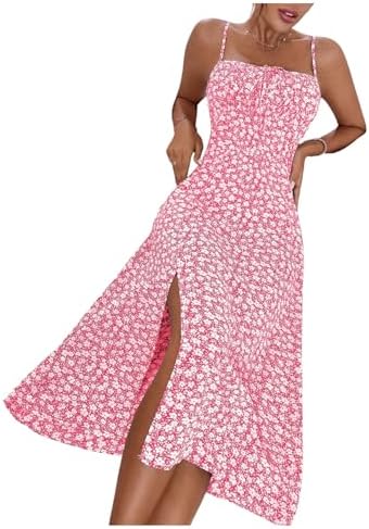 Sundresses - Floerns Women's Summer Split Thigh Spaghetti Strap Cami Midi Floral Dress Pastel Pink