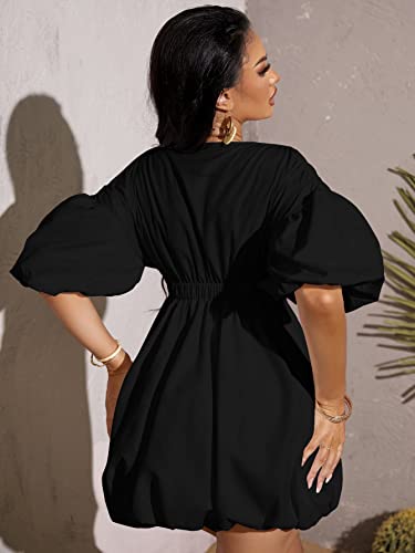 Sabrina Carpenter Yellow Dress - Women's Deep V Neck Puff Sleeve High Rise Flare Dress Elastic Waist Dress