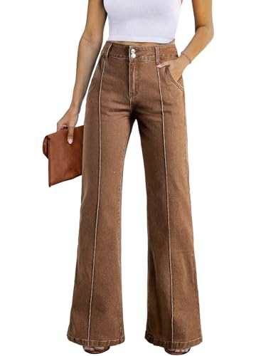 Celine Jeans - Womens Wide Leg Jeans Casual Baggy High Waisted Stretch Denim Pants Brown