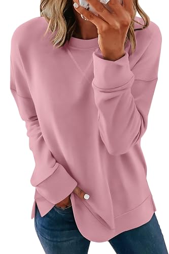 Womens Casual Loose Fit Sweatshirt Trendy Tops Crewneck Side Split Long Sleeve Shirts Pink