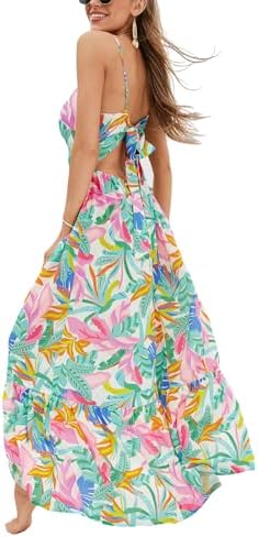 Sundresses - CUPSHE Women's Maxi Dress Floral Print Twisted V Neck Sleeveless Long Dress Summer Casual Dress Pink Tropical