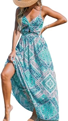 Sundresses - CUPSHE Women's Maxi Dress Floral Print Twisted V Neck Sleeveless Long Dress Summer Casual Dress Mint Paisley